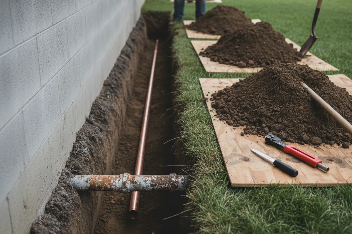 Excavated water line trench during Water Softener Installation in Holden